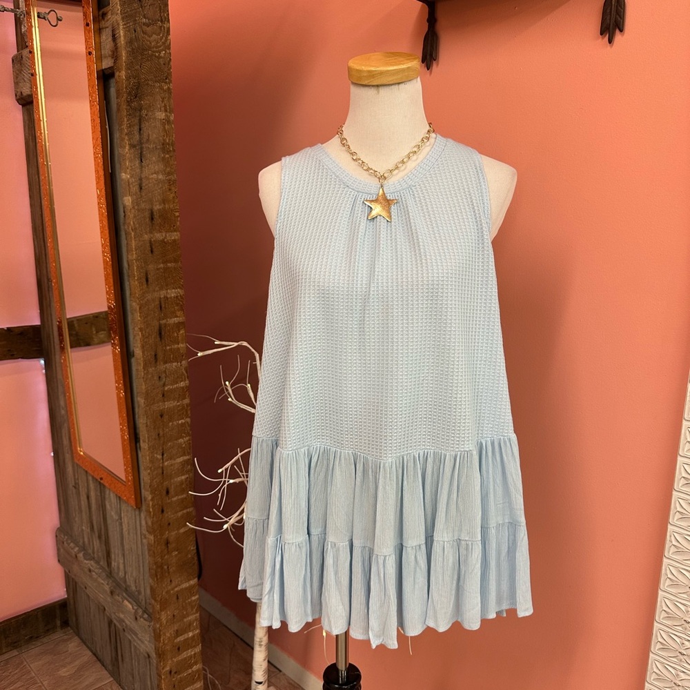 NEW! DAVI & DANI Light Blue Ruffle Hem Waffle Knit Tunic